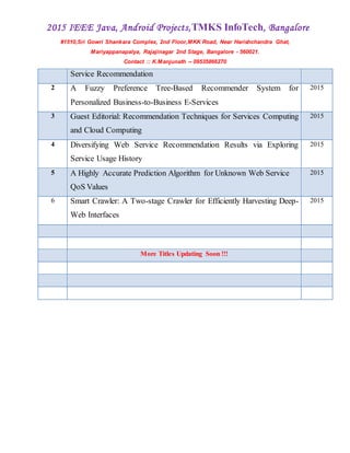 2015 IEEE Java, Android Projects,TMKS InfoTech, Bangalore
#1510,Sri Gowri Shankara Complex, 2nd Floor,MKK Road, Near Harishchandra Ghat,
Mariyappanapalya, Rajajinagar 2nd Stage, Bangalore - 560021.
Contact :: K.Manjunath -- 09535866270
Service Recommendation
2 A Fuzzy Preference Tree-Based Recommender System for
Personalized Business-to-Business E-Services
2015
3 Guest Editorial: Recommendation Techniques for Services Computing
and Cloud Computing
2015
4 Diversifying Web Service Recommendation Results via Exploring
Service Usage History
2015
5 A Highly Accurate Prediction Algorithm for Unknown Web Service
QoS Values
2015
6 Smart Crawler: A Two-stage Crawler for Efficiently Harvesting Deep-
Web Interfaces
2015
More Titles Updating Soon !!!
 