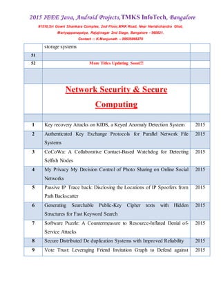 2015 IEEE Java, Android Projects,TMKS InfoTech, Bangalore
#1510,Sri Gowri Shankara Complex, 2nd Floor,MKK Road, Near Harishchandra Ghat,
Mariyappanapalya, Rajajinagar 2nd Stage, Bangalore - 560021.
Contact :: K.Manjunath -- 09535866270
storage systems
51
52 More Titles Updating Soon!!!
Network Security & Secure
Computing
1 Key recovery Attacks on KIDS, a Keyed Anomaly Detection System 2015
2 Authenticated Key Exchange Protocols for Parallel Network File
Systems
2015
3 CoCoWa: A Collaborative Contact-Based Watchdog for Detecting
Selfish Nodes
2015
4 My Privacy My Decision Control of Photo Sharing on Online Social
Networks
2015
5 Passive IP Trace back: Disclosing the Locations of IP Spoofers from
Path Backscatter
2015
6 Generating Searchable Public-Key Cipher texts with Hidden
Structures for Fast Keyword Search
2015
7 Software Puzzle: A Countermeasure to Resource-Inflated Denial of-
Service Attacks
2015
8 Secure Distributed De duplication Systems with Improved Reliability 2015
9 Vote Trust: Leveraging Friend Invitation Graph to Defend against 2015
 