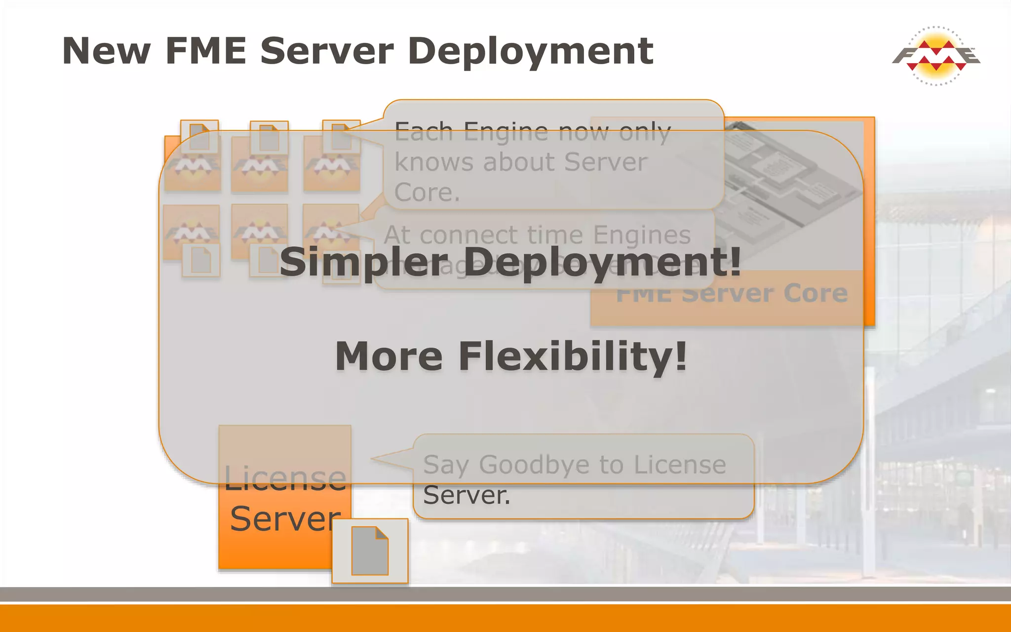 New FME Server Deployment
FME
FME Server Core
License
Server
Say Goodbye to License
Server.
At connect time Engines
managed by Server Core
Each Engine now only
knows about Server
Core.
Simpler Deployment!
More Flexibility!
 