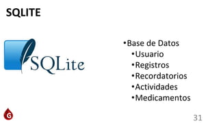 31
SQLITE
•Base de Datos
•Usuario
•Registros
•Recordatorios
•Actividades
•Medicamentos
 