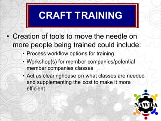 • Creation of tools to move the needle on
more people being trained could include:
• Process workflow options for training
• Workshop(s) for member companies/potential
member companies classes
• Act as clearinghouse on what classes are needed
and supplementing the cost to make it more
efficient
CRAFT TRAINING
 