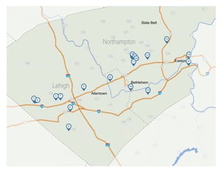212
212
476
476
Easton
Bethlehem
Allentown
412
412
222
22
22
22
22
222
78
78
78
78
78
145
191
309
32
611
33
611
145
145
145
248
248
33
100
100
309
309
309
378
378
611
563
248
248
191
512
946
512
946946
987
987
987
329
329
2221
3 7
2
1
5
14
15
6
8
12
1316
11
10
17
18
9
4
Lehigh
Northampton
Slate Belt
222
2122
2122
4124
22
78
32
611
611
309
611
563
8
611
611
611
 