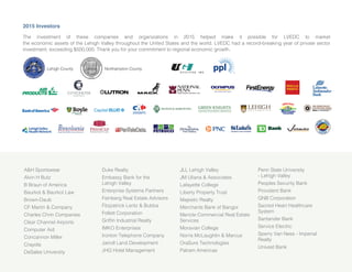 2015 Investors
The investment of these companies and organizations in 2015 helped make it possible for LVEDC to market
the economic assets of the Lehigh Valley throughout the United States and the world. LVEDC had a record-breaking year of private sector
investment, exceeding $500,000. Thank you for your commitment to regional economic growth.
A&H Sportswear
Alvin H Butz
B Braun of America
Baurkot & Baurkot Law
Brown-Daub
CF Martin & Company
Charles Chrin Companies
Clear Channel Airports
Computer Aid
Concannon Miller
Crayola
DeSales University
Duke Realty
Embassy Bank for the
Lehigh Valley
Enterprise Systems Partners
Feinberg Real Estate Advisors
Fitzpatrick Lentz & Bubba
Follett Corporation
Griffin Industrial Realty
IMKO Enterprises
Ironton Telephone Company
Jaindl Land Development
JHG Hotel Management
JLL Lehigh Valley
JM Uliana & Associates
Lafayette College
Liberty Property Trust
Majestic Realty
Merchants Bank of Bangor
Mericle Commercial Real Estate
Services
Moravian College
Norris McLaughlin & Marcus
OraSure Technologies
Palram Americas
Penn State University
- Lehigh Valley
Peoples Security Bank
Provident Bank
QNB Corporation
Sacred Heart Healthcare
System
Santander Bank
Service Electric
Sperry Van Ness - Imperial
Realty
Univest Bank
GREEN KNIGHTS
ECONOMIC DEVELOPMENT CORPORATION
Lehigh County Northampton County
 