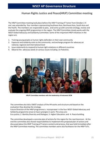 The HRJP Committee meeting took place before the HRJP Training of Trainer from October 2-4
and was attended by four members representing Southeast Asia, Northeast Asia, South Asia and
the Pacific. The members are responsible to plan, and come up with concrete strategy, review and
evaluate the ongoing HRJP programmes in the region. The HRJP Committee closely works with the
WSCF Global Advocacy and Solidarity Committee. Some of the important HRJP initiatives in the
region are:
1. Training young people as human rights defenders in their own community
2. Exposure and solidarity visits to the community and exchange program for advocacy at
national, regional and international level
3. Issue statements to respond to human right violations in different countries
4. Observe the advocacy week on various issues including on Palestine.
Human Rights Justice and Peace(HRJP) Committee meeting
The committee also did a SWOT analysis of the HR works and structure and based on the
evaluation they develop the strategy.
Future Direction of the HRJP programme is incorporated in the four WSCF Global Advocacy and
Solidarity programme areas to have synergies in work. The areas are:
Eco-justice; 2. Identity Diversity and Dialogue; 3. Higher Education; and 4. Peace building.
The committee developed a concrete plan of actions for the region for the next biennium. At the
end the committee also shared responsibilities to implement the proposed plan of actions and
discussed about the HRJP Training of Trainers content and process, that was held immediate after
the HRJP Committee meeting. The committee members were also facilitators for the HRJP ToTs.
2015 Annual Report - WSCF AP
HRJP Committee members with the leadership of Indonesia SCM
WSCF AP Governance Structure
21
 