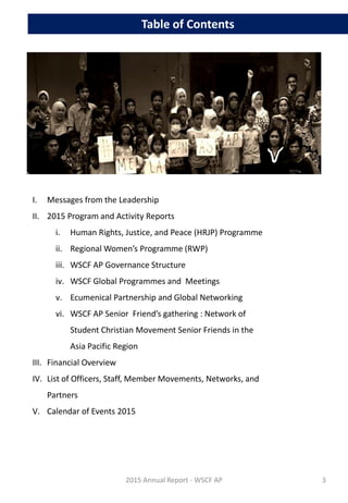 Table of Contents
I. Messages from the Leadership
II. 2015 Program and Activity Reports
i. Human Rights, Justice, and Peace (HRJP) Programme
ii. Regional Women’s Programme (RWP)
iii. WSCF AP Governance Structure
iv. WSCF Global Programmes and Meetings
v. Ecumenical Partnership and Global Networking
vi. WSCF AP Senior Friend’s gathering : Network of
Student Christian Movement Senior Friends in the
Asia Pacific Region
III. Financial Overview
IV. List of Officers, Staff, Member Movements, Networks, and
Partners
V. Calendar of Events 2015
2015 Annual Report - WSCF AP 3
 