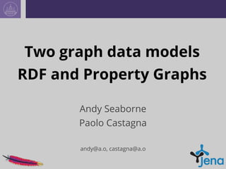 Two graph data models
RDF and Property Graphs
Andy Seaborne
Paolo Castagna
andy@a.o, castagna@a.o
 