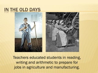IN THE OLD DAYS
Teachers educated students in reading,
writing and arithmetic to prepare for
jobs in agriculture and manufacturing.
 