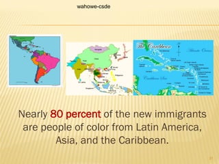 Nearly 80 percent of the new immigrants
are people of color from Latin America,
Asia, and the Caribbean.
wahowe-csde
31
 