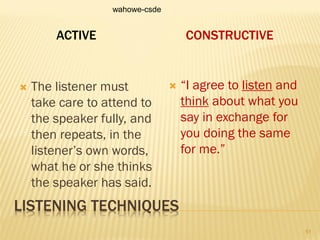 LISTENING TECHNIQUES
ACTIVE CONSTRUCTIVE
 The listener must
take care to attend to
the speaker fully, and
then repeats, in the
listener’s own words,
what he or she thinks
the speaker has said.
 “I agree to listen and
think about what you
say in exchange for
you doing the same
for me.”
wahowe-csde
51
 