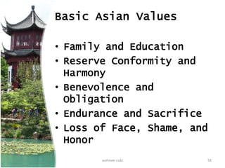 Basic Asian Values
• Family and Education
• Reserve Conformity and
Harmony
• Benevolence and
Obligation
• Endurance and Sacrifice
• Loss of Face, Shame, and
Honor
wahowe-csde 58
 
