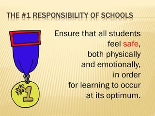 THE #1 RESPONSIBILITY OF SCHOOLS
Ensure that all students
feel safe,
both physically
and emotionally,
in order
for learning to occur
at its optimum.
 