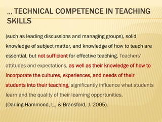 … TECHNICAL COMPETENCE IN TEACHING
SKILLS
(such as leading discussions and managing groups), solid
knowledge of subject matter, and knowledge of how to teach are
essential, but not sufficient for effective teaching. Teachers’
attitudes and expectations, as well as their knowledge of how to
incorporate the cultures, experiences, and needs of their
students into their teaching, significantly influence what students
learn and the quality of their learning opportunities.
(Darling-Hammond, L., & Bransford, J. 2005).
 