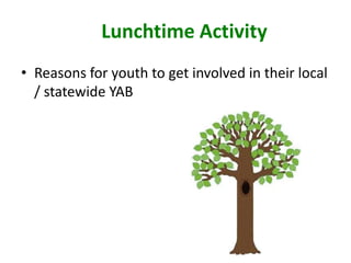 Lunchtime Activity
• Reasons for youth to get involved in their local
/ statewide YAB
 
