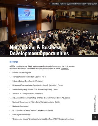 11
2016ARTBAAnnualReport
Networking & Business
Development Opportunities
Meetings
ARTBA provided some 2,000 industry professionals from across the U.S. and the
world with a forum for networking and policy discussions at these 18 events:
•	 Federal Issues Program
•	 Transportation Construction Coalition Fly-In
•	 Industry Leader Development Program
•	 8th Annual Transportation Construction Law & Regulatory Forum
•	 Interstate Highway System 60th Anniversary Policy Lunch
•	 28th P3s in Transportation Conference
•	 3rd Annual National Workshop for State & Local Transportation Advocates
•	 National Conference on Work Zone Management and Safety
•	 National Convention
•	 Dr. J Don Brock TransOvation™ Workshop & Exhibit
•	 Four regional meetings
•	 “Engineering Issues” breakfasts/lunches at the four AASHTO regional meetings
•	 Interstate Highway System 60th Anniversary Policy Lunch
 