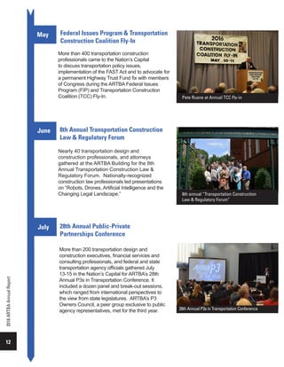 12
2016ARTBAAnnualReport
Federal Issues Program & Transportation
Construction Coalition Fly-In
More than 400 transportation construction
professionals came to the Nation’s Capital
to discuss transportation policy issues,
implementation of the FAST Act and to advocate for
a permanent Highway Trust Fund fix with members
of Congress during the ARTBA Federal Issues
Program (FIP) and Transportation Construction
Coalition (TCC) Fly-In.
May
June 8th Annual Transportation Construction
Law & Regulatory Forum
Nearly 40 transportation design and
construction professionals, and attorneys
gathered at the ARTBA Building for the 8th
Annual Transportation Construction Law &
Regulatory Forum. Nationally-recognized
construction law professionals led presentations
on “Robots, Drones, Artificial Intelligence and the
Changing Legal Landscape.”
Pete Ruane at Annual TCC Fly-in
July 28th Annual Public-Private
Partnerships Conference
More than 200 transportation design and
construction executives, financial services and
consulting professionals, and federal and state
transportation agency officials gathered July
13-15 in the Nation’s Capital for ARTBA’s 28th
Annual P3s in Transportation Conference. It
included a dozen panel and break-out sessions,
which ranged from international perspectives to
the view from state legislatures. ARTBA’s P3
Owners Council, a peer group exclusive to public
agency representatives, met for the third year.
8th annual “Transportation Construction
Law & Regulatory Forum”
28th Annual P3s in Transportation Conference
 