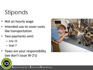 Stipends
• Not an hourly wage
• Intended use to cover costs
like transportation
• Two payments sent:
– July 15
– Sept 7
• Taxes are your responsibility
(we don’t issue W-2’s)
 