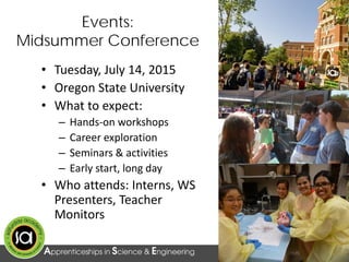Events:
Midsummer Conference
• Tuesday, July 14, 2015
• Oregon State University
• What to expect:
– Hands-on workshops
– Career exploration
– Seminars & activities
– Early start, long day
• Who attends: Interns, WS
Presenters, Teacher
Monitors
 