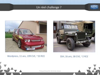 Un réel challenge ?
3Thibault Koechlin & Emile Heitor
Wordpress, 11 ans, 199 CVE, ~33 RCE SSH, 16 ans, 38 CVE, ~2 RCE
 