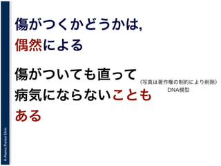 A.Asano,KansaiUniv.
傷がつくかどうかは，
偶然による
傷がついても直って
病気にならないことも
ある
（写真は著作権の制約により削除）
DNA模型
 