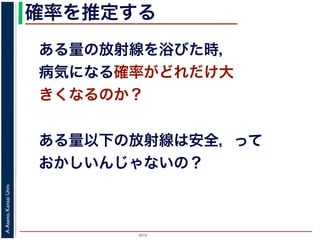 2015
A.Asano,KansaiUniv.
確率を推定する
ある量の放射線を浴びた時，
病気になる確率がどれだけ大
きくなるのか？
ある量以下の放射線は安全，って
おかしいんじゃないの？
 