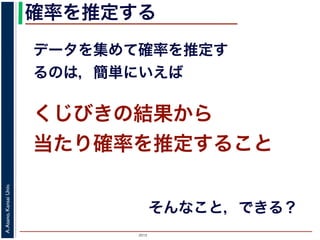 2015
A.Asano,KansaiUniv.
確率を推定する
データを集めて確率を推定す
るのは，簡単にいえば
くじびきの結果から
当たり確率を推定すること
そんなこと，できる？
 