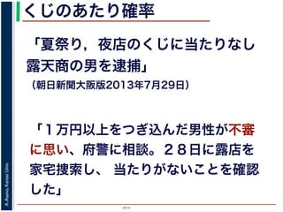2015
A.Asano,KansaiUniv.
くじのあたり確率
「夏祭り，夜店のくじに当たりなし 
露天商の男を逮捕」
（朝日新聞大阪版2013年7月29日）
「１万円以上をつぎ込んだ男性が不審
に思い、府警に相談。２８日に露店を
家宅捜索し、 当たりがないことを確認
した」
 