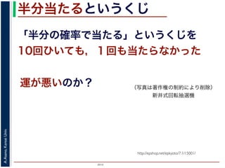 2015
A.Asano,KansaiUniv.
半分当たるというくじ
「半分の確率で当たる」というくじを
10回ひいても，１回も当たらなかった
運が悪いのか？
http://epshop.net/epkyoto/7.1/15001/
（写真は著作権の制約により削除）
新井式回転抽選機
 