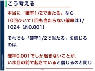 2015
A.Asano,KansaiUniv.
こう考える
本当に「確率1/2で当たる」なら
10回ひいて1回も当たらない確率は1/
1024（約0.001）
それでも「確率1/2で当たる」を信じる
のは，
確率0.001でしか起きないことが，
いま目の前で起きていると信じるのと同じ
 