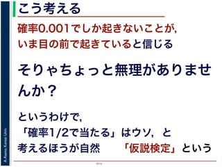 2015
A.Asano,KansaiUniv.
こう考える
確率0.001でしか起きないことが，
いま目の前で起きていると信じる
そりゃちょっと無理がありませ
んか？
というわけで，
「確率1/2で当たる」はウソ，と
考えるほうが自然 「仮説検定」という
 