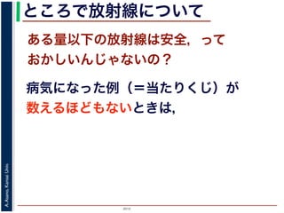 2015
A.Asano,KansaiUniv.
ところで放射線について
病気になった例（＝当たりくじ）が
数えるほどもないときは，
ある量以下の放射線は安全，って
おかしいんじゃないの？
 