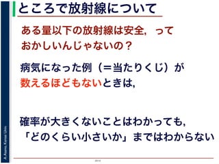 2015
A.Asano,KansaiUniv.
ところで放射線について
病気になった例（＝当たりくじ）が
数えるほどもないときは，
ある量以下の放射線は安全，って
おかしいんじゃないの？
確率が大きくないことはわかっても，
「どのくらい小さいか」まではわからない
 
