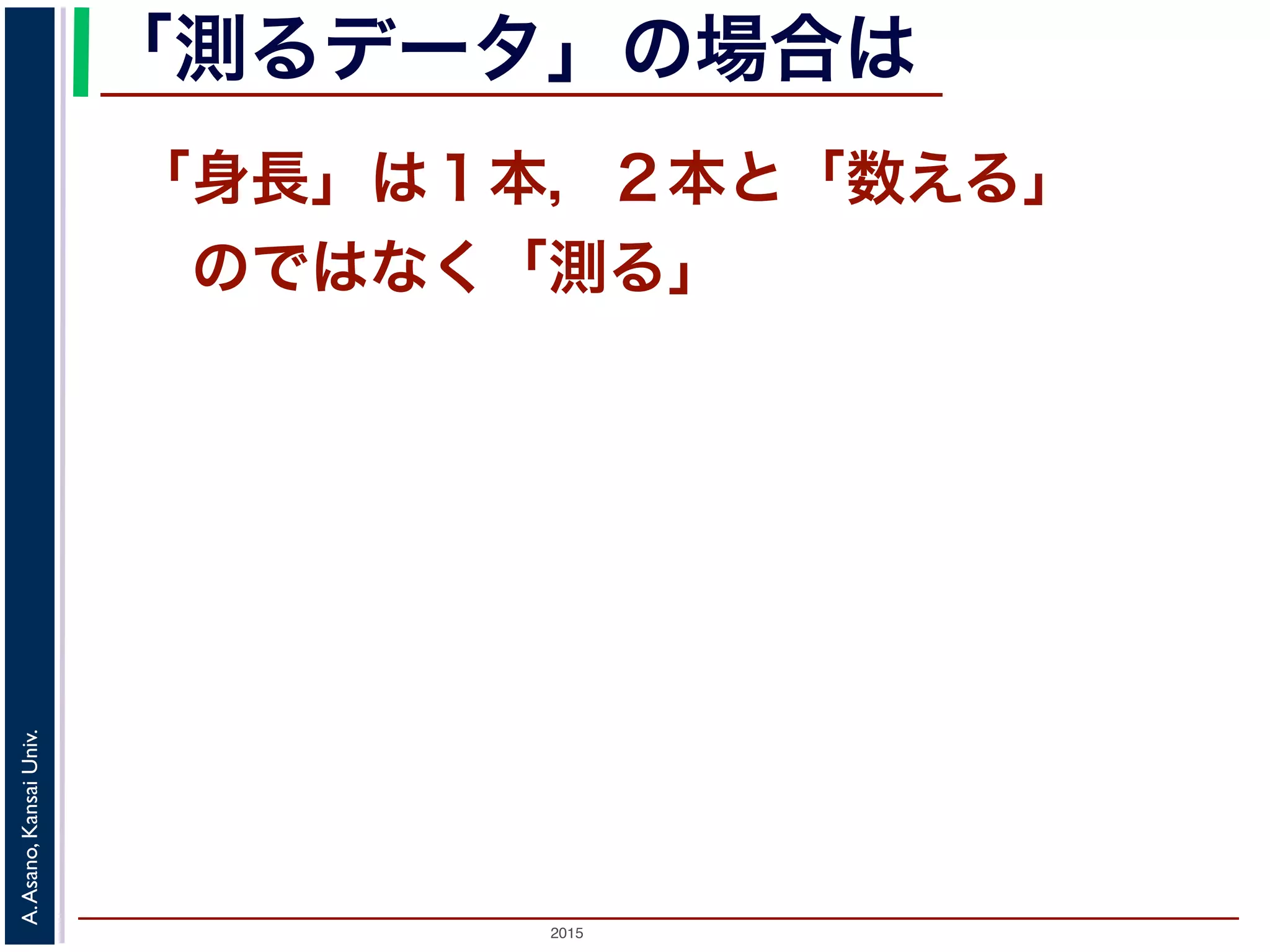 2015
A.Asano,KansaiUniv.
度数と度数分布
どんな値がどのくらい頻繁に現れるか
ヒット
の数 試合数
0本
1本
2本
3本
4本
5試合
15試合
10試合
10試合
５試合
計 50試合
割合
10%
30%
20%
20%
10%
100%
［度数］ ［相対度数］
［度数
 分布］
 