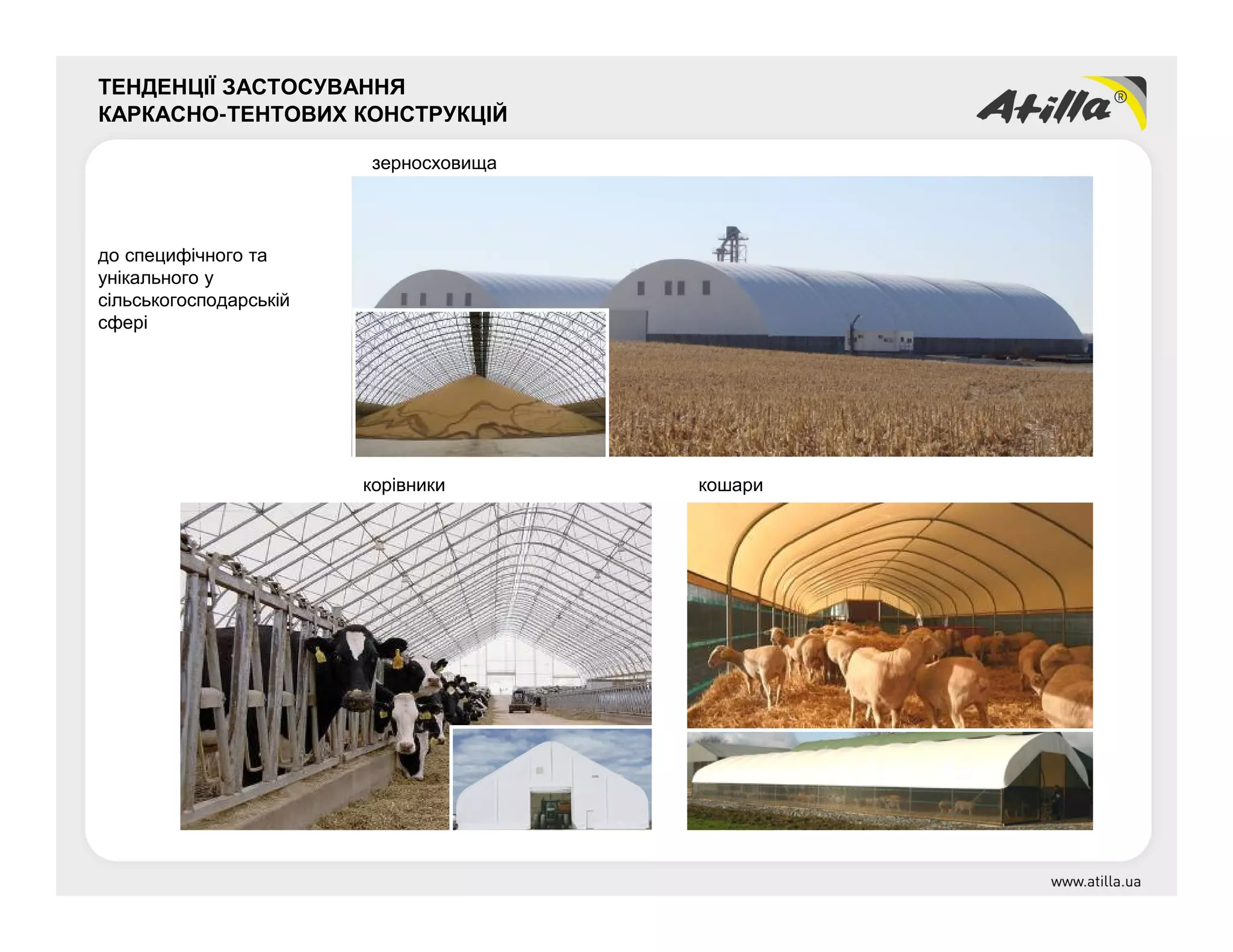 до специфічного та
унікального у
сільськогосподарській
сфері
ТЕНДЕНЦІЇ ЗАСТОСУВАННЯ
КАРКАСНО-ТЕНТОВИХ КОНСТРУКЦІЙ
зерносховища
кошарикорівники
 