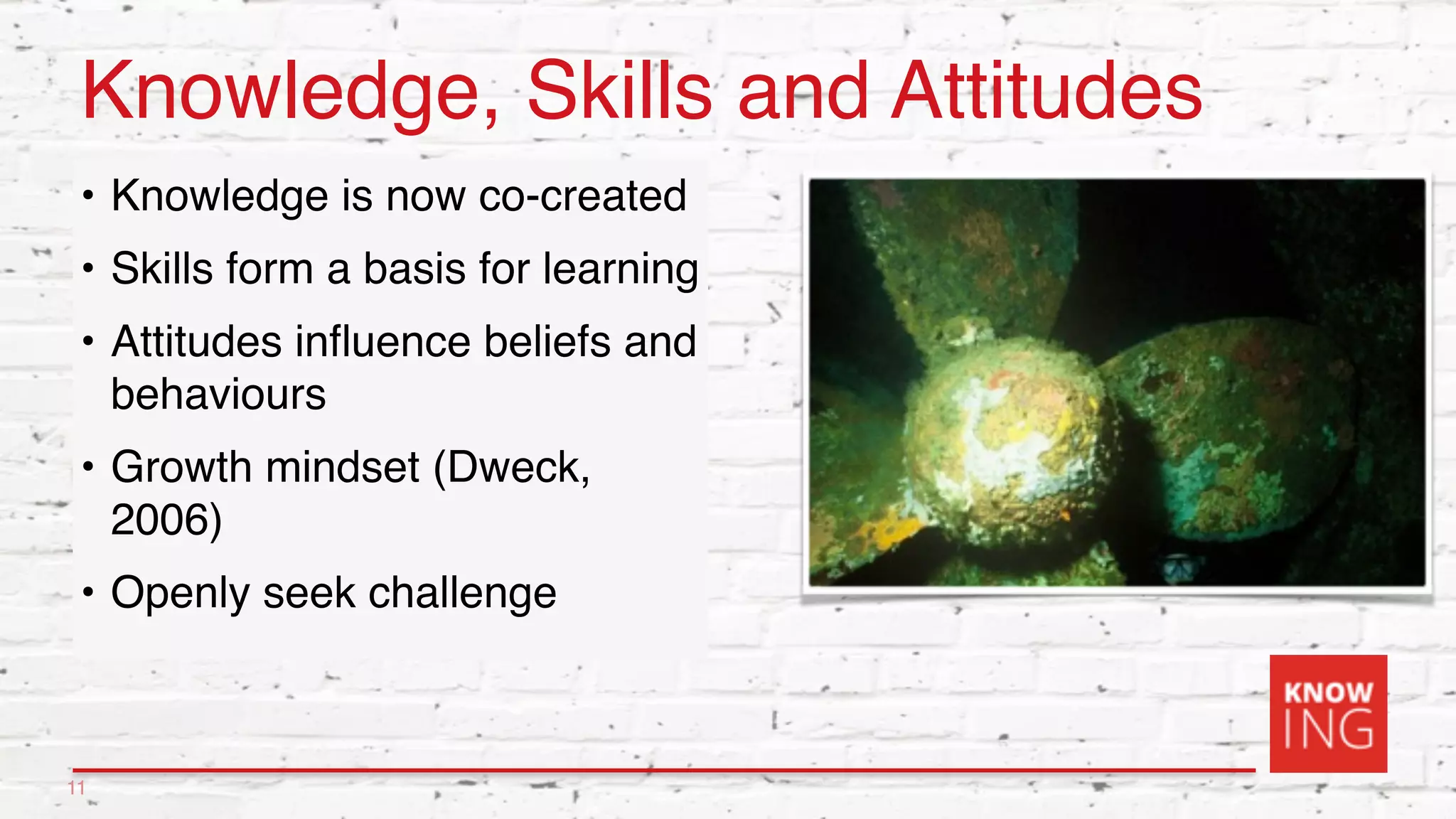 Knowledge, Skills and Attitudes
• Knowledge is now co-created
• Skills form a basis for learning
• Attitudes influence beliefs and
behaviours
• Growth mindset (Dweck,
2006)
• Openly seek challenge
11
 