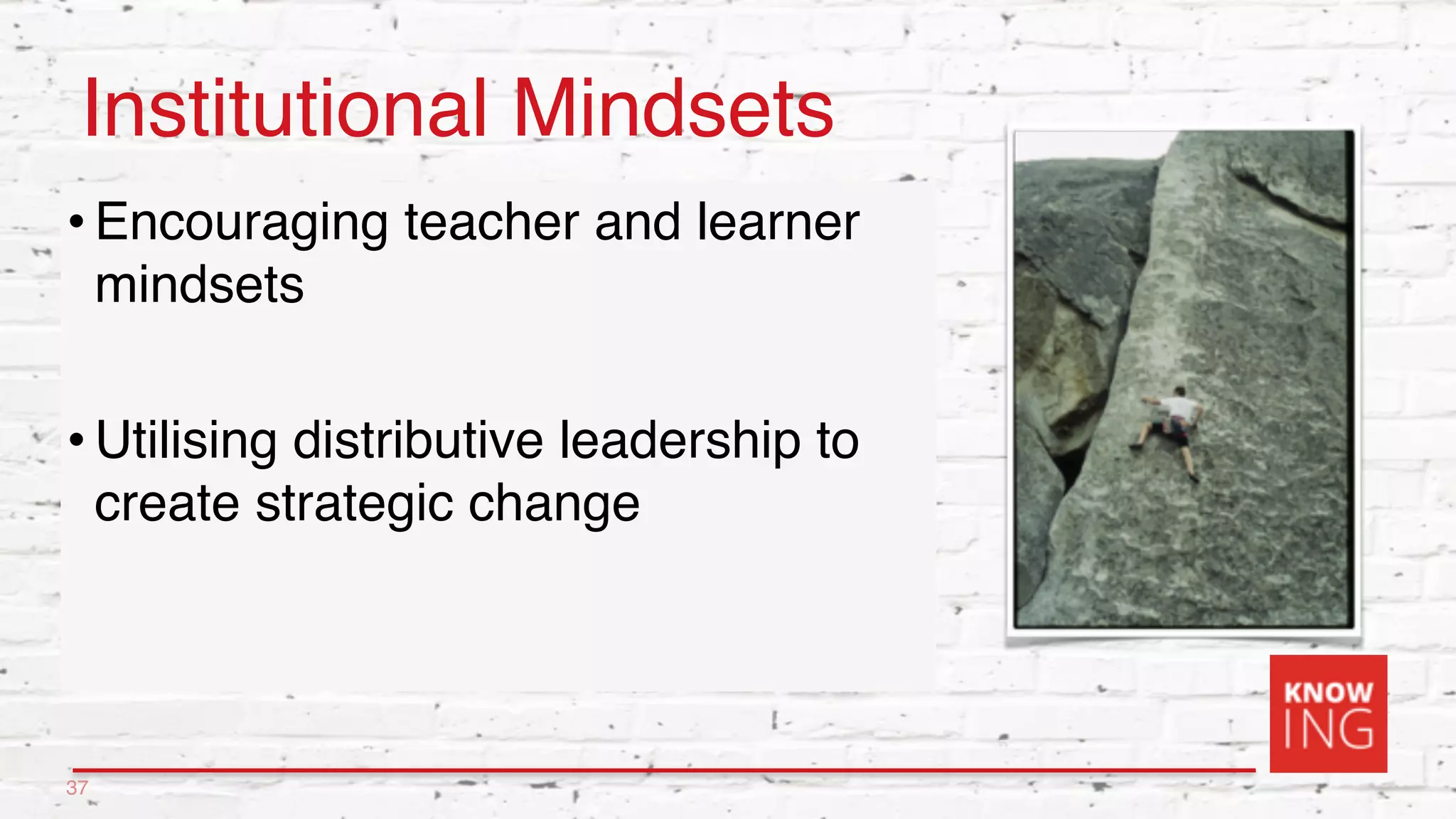 Institutional Mindsets
• Encouraging teacher and learner
mindsets
• Utilising distributive leadership to
create strategic change
37
 