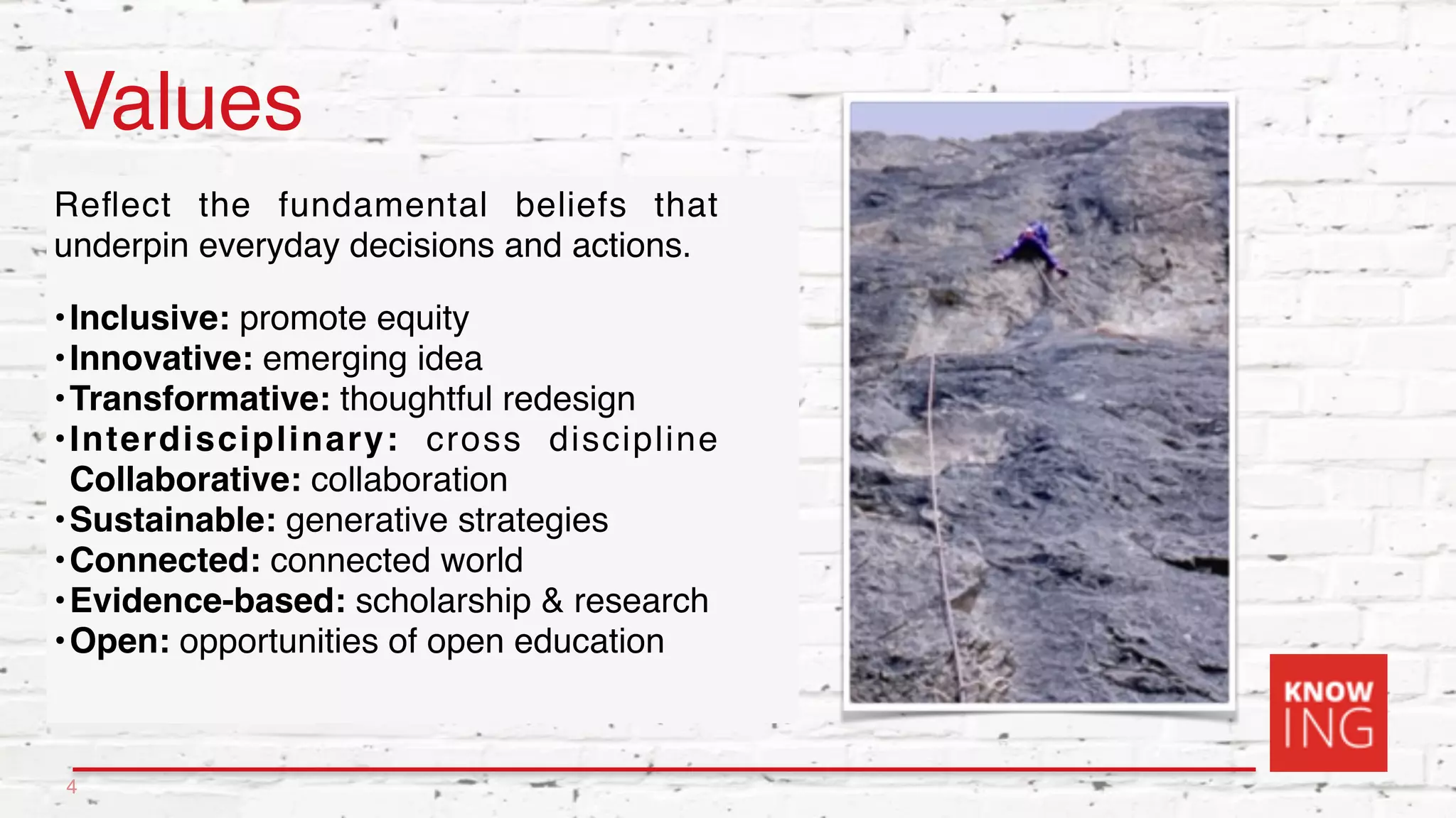 Values
Reﬂect the fundamental beliefs that
underpin everyday decisions and actions.
•Inclusive: promote equity
•Innovative: emerging idea
•Transformative: thoughtful redesign
•Interdisciplinary: cross discipline
Collaborative: collaboration
•Sustainable: generative strategies
•Connected: connected world
•Evidence-based: scholarship & research
•Open: opportunities of open education
4
 