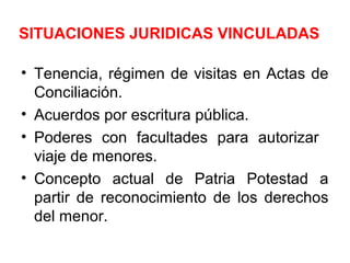 SITUACIONES JURIDICAS VINCULADAS
• Tenencia, régimen de visitas en Actas de
Conciliación.
• Acuerdos por escritura pública.
• Poderes con facultades para autorizar
viaje de menores.
• Concepto actual de Patria Potestad a
partir de reconocimiento de los derechos
del menor.
 
