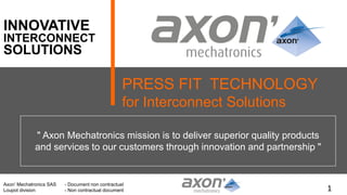 1
Axon’ Mechatronics SAS - Document non contractuel
Loupot division - Non contractual document
INNOVATIVE
PRESS FIT TECHNOLOGY
for Interconnect Solutions
" Axon Mechatronics mission is to deliver superior quality products
and services to our customers through innovation and partnership "
INTERCONNECT
SOLUTIONS
 