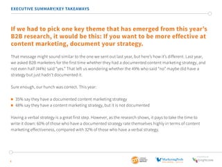4
EXECUTIVE SUMMARY/KEY TAKEAWAYS
If we had to pick one key theme that has emerged from this year’s
B2B research, it would be this: If you want to be more effective at
content marketing, document your strategy.
That message might sound similar to the one we sent out last year, but here’s how it’s different. Last year,
we asked B2B marketers for the first time whether they had a documented content marketing strategy, and
not even half (44%) said “yes.” That left us wondering whether the 49% who said “no” maybe did have a
strategy but just hadn’t documented it.
Sure enough, our hunch was correct. This year:
	 35% say they have a documented content marketing strategy
	 48% say they have a content marketing strategy, but it is not documented
Having a verbal strategy is a great first step. However, as the research shows, it pays to take the time to
write it down: 60% of those who have a documented strategy rate themselves highly in terms of content
marketing effectiveness, compared with 32% of those who have a verbal strategy.
SponSored by
 