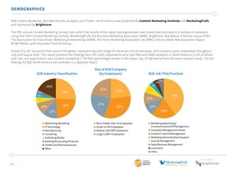SponSored by
39
DEMOGRAPHICS
B2B Content Marketing: 2015 Benchmarks, Budgets, and Trends—North America was produced by Con...