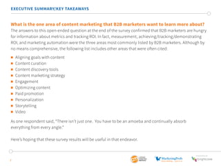 7
EXECUTIVE SUMMARY/KEY TAKEAWAYS
What is the one area of content marketing that B2B marketers want to learn more about?
T...
