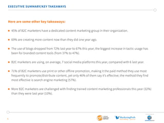 5
EXECUTIVE SUMMARY/KEY TAKEAWAYS
Here are some other key takeaways:
	 45% of B2C marketers have a dedicated content marketing group in their organization.
	 69% are creating more content now than they did one year ago.
	 The use of blogs dropped from 72% last year to 67% this year; the biggest increase in tactic usage has 		
	 been for branded content tools (from 37% to 47%).
	 B2C marketers are using, on average, 7 social media platforms this year, compared with 6 last year.
	 71% of B2C marketers use print or other offline promotion, making it the paid method they use most 		
	 frequently to promote/distribute content, yet only 46% of them say it’s effective; the method they find 		
	 most effective is search engine marketing (57%).
	 More B2C marketers are challenged with finding trained content marketing professionals this year (32%) 	
	 than they were last year (10%).
SponSored by
 
