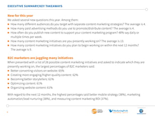 6
EXECUTIVE SUMMARY/KEY TAKEAWAYS
New for this year
We asked several new questions this year. Among them:
	 How many different audiences do you target with separate content marketing strategies? The average is 4.
	 How many paid advertising methods do you use to promote/distribute content? The average is 4.
	 How often do you publish new content to support your content marketing program? 48% say daily or 		
	 multiple times per week.
	 How many content marketing initiatives are you presently working on? The average is 13.
	 How many content marketing initiatives do you plan to begin working on within the next 12 months?
	 The average is 9.
B2C marketers are juggling many initiatives
When presented with a list of 28 possible content marketing initiatives and asked to indicate which they are
presently working on, the largest percentages of B2C marketers said:
	 Better converting visitors on website: 65%
	 Creating more engaging/higher-quality content: 62%
	 Becoming better storytellers: 61%
	 Optimizing content: 61%
	 Organizing website content: 61%
With regard to the next 12 months, the highest percentages said better mobile strategy (38%), marketing
automation/lead nurturing (38%), and measuring content marketing ROI (37%).
SponSored by
 