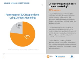 SponSored by
8
USAGE & OVERALL EFFECTIVENESS
Does your organization use
content marketing?
77% say yes
Last year, 90% of B2C respondents said they
use content marketing. Back then, we defined
content marketing as the “creation and
distribution of educational and/or compelling
content in multiple media formats to attract and/
or retain customers.”
This year, we defined content marketing as
“a strategic marketing approach focused on
creating and distributing valuable, relevant, and
consistent content to attract and retain a clearly
defined audience—and, ultimately, to drive
profitable customer action.”
The new definition—crafted by Content
Marketing Institute in early 2014—better reflects
how content marketing has grown from the mere
“creation and distribution” of content to a formal
business discipline.
PercentageofB2CRespondents
UsingContentMarketing
77%
Yes
23%
No
2015 B2C Content Marketing Trends—North America: Content Marketing Institute/MarketingProfs
 