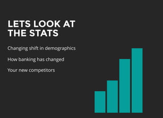 LETS LOOK ATLETS LOOK AT
THE STATSTHE STATS
Changing shift in demographics
How banking has changed
Your new competitors
 