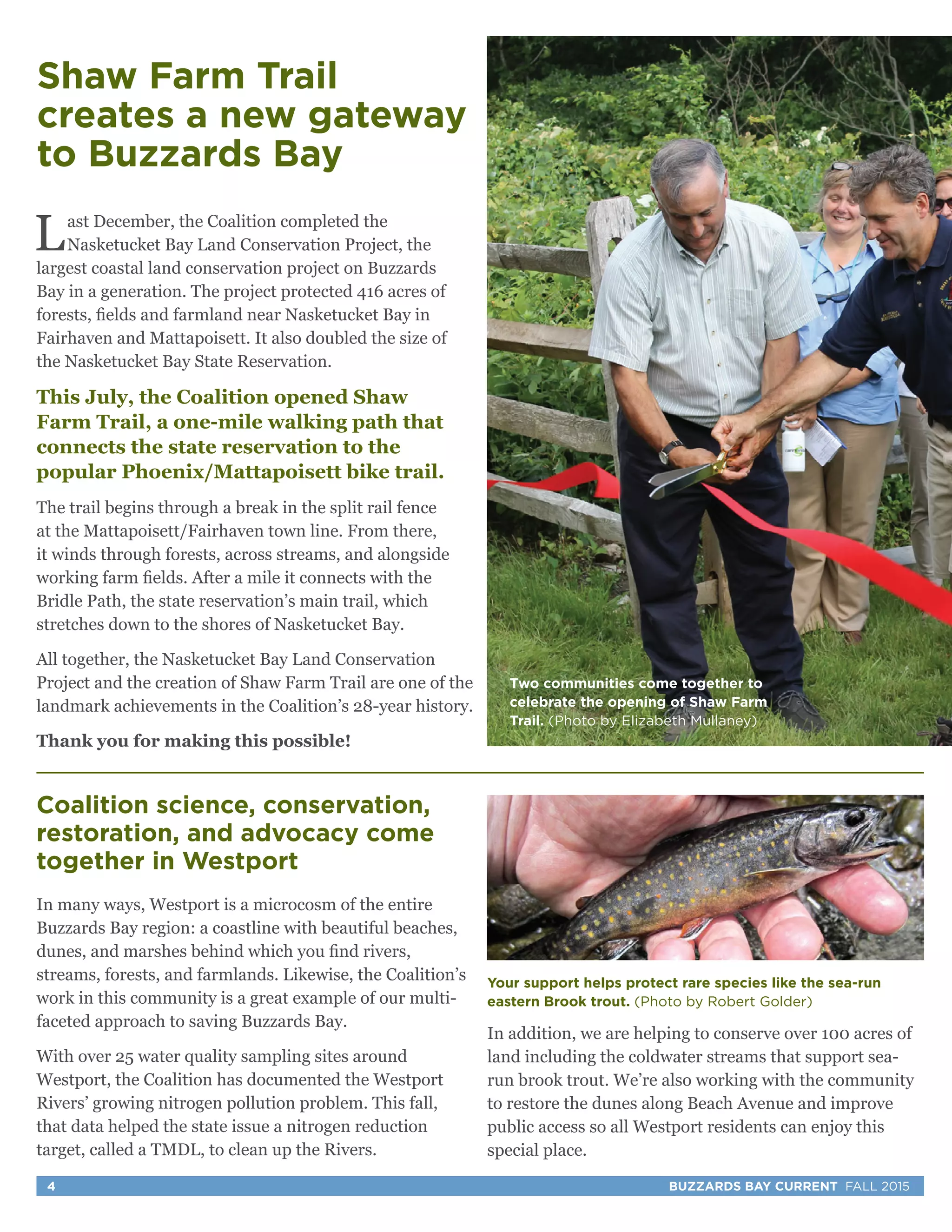 4 BUZZARDS BAY CURRENT FALL 2015
Shaw Farm Trail
creates a new gateway
to Buzzards Bay
Last December, the Coalition completed the
Nasketucket Bay Land Conservation Project, the
largest coastal land conservation project on Buzzards
Bay in a generation. The project protected 416 acres of
forests, fields and farmland near Nasketucket Bay in
Fairhaven and Mattapoisett. It also doubled the size of
the Nasketucket Bay State Reservation.
This July, the Coalition opened Shaw
Farm Trail, a one-mile walking path that
connects the state reservation to the
popular Phoenix/Mattapoisett bike trail.
The trail begins through a break in the split rail fence
at the Mattapoisett/Fairhaven town line. From there,
it winds through forests, across streams, and alongside
working farm fields. After a mile it connects with the
Bridle Path, the state reservation’s main trail, which
stretches down to the shores of Nasketucket Bay.
All together, the Nasketucket Bay Land Conservation
Project and the creation of Shaw Farm Trail are one of the
landmark achievements in the Coalition’s 28-year history.
Thank you for making this possible!
Coalition science, conservation,
restoration, and advocacy come
together in Westport
In many ways, Westport is a microcosm of the entire
Buzzards Bay region: a coastline with beautiful beaches,
dunes, and marshes behind which you find rivers,
streams, forests, and farmlands. Likewise, the Coalition’s
work in this community is a great example of our multi-
faceted approach to saving Buzzards Bay.
With over 25 water quality sampling sites around
Westport, the Coalition has documented the Westport
Rivers’ growing nitrogen pollution problem. This fall,
that data helped the state issue a nitrogen reduction
target, called a TMDL, to clean up the Rivers.
Two communities come together to
celebrate the opening of Shaw Farm
Trail. (Photo by Elizabeth Mullaney)
Your support helps protect rare species like the sea-run
eastern Brook trout. (Photo by Robert Golder)
In addition, we are helping to conserve over 100 acres of
land including the coldwater streams that support sea-
run brook trout. We’re also working with the community
to restore the dunes along Beach Avenue and improve
public access so all Westport residents can enjoy this
special place.
 