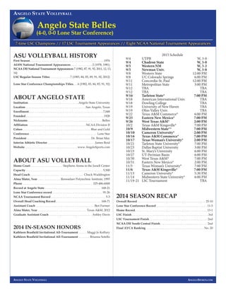 Angelo State Volleyball
Angelo State Volleyball
AngeloSports.com
ASU VOLLEYBALL HISTORY
First Season  .  .  .  .  .  .  . ...