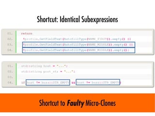 Shortcut: Identical Subexpressions
Shortcut to Faulty Micro-Clones
 