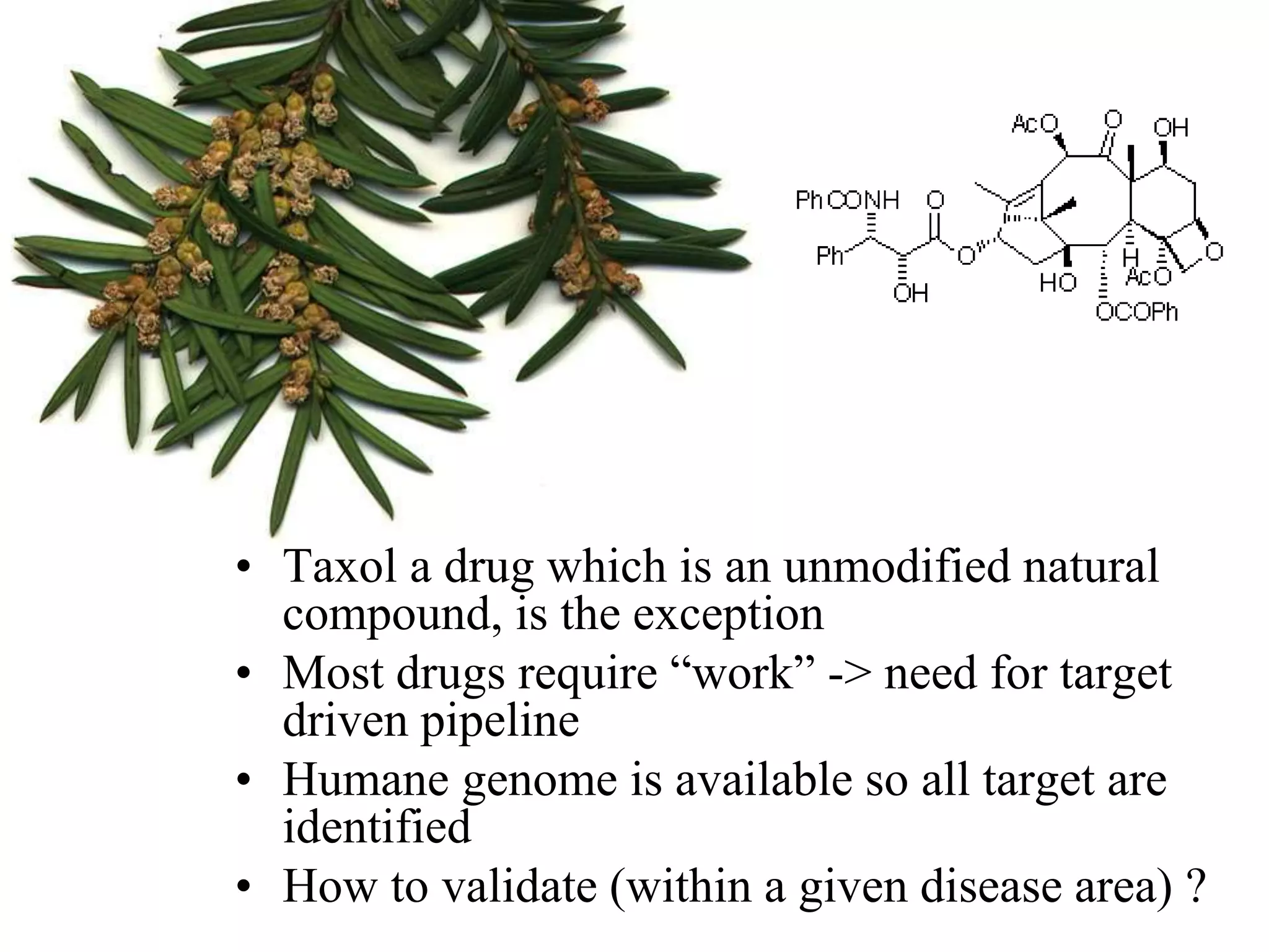 • Taxol a drug which is an unmodified natural
compound, is the exception
• Most drugs require “work” -> need for target
driven pipeline
• Humane genome is available so all target are
identified
• How to validate (within a given disease area) ?
 