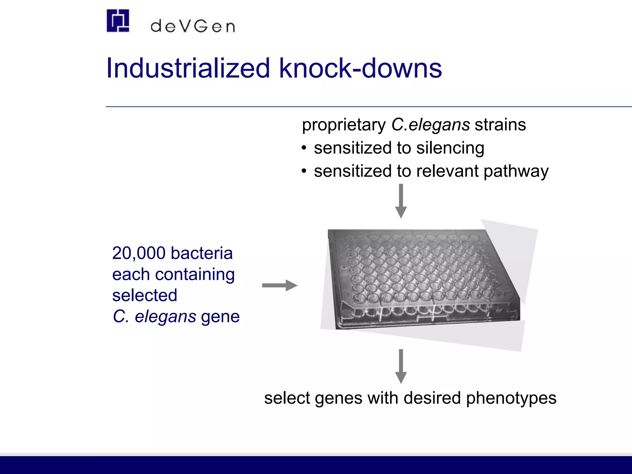 20,000 bacteria
each containing
selected
C. elegans gene
select genes with desired phenotypes
proprietary C.elegans strains
• sensitized to silencing
• sensitized to relevant pathway
Industrialized knock-downs
 